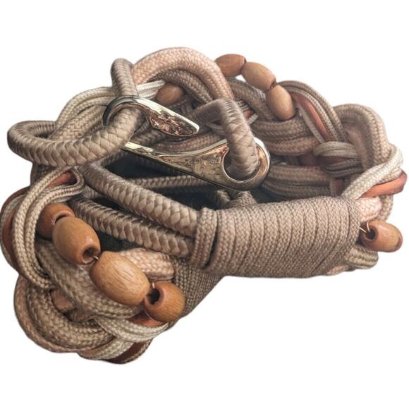 80s Macrame Belt Stretch 30-32" Earth Tones Satin Rope Wooden Beads VTG Boho - Picture 4 of 9